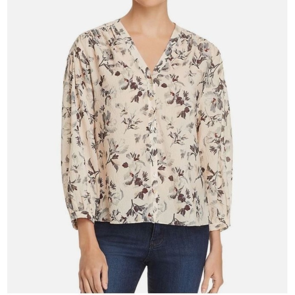 Rebecca Taylor Silk Floral Button Front Blouse Cream Pink Size 6